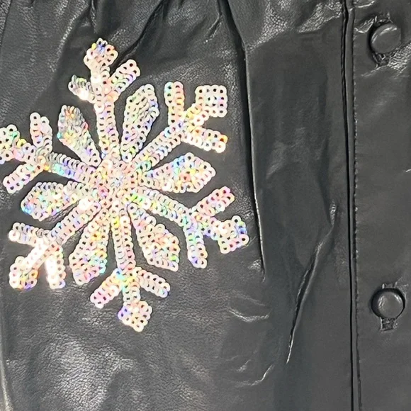 PEACH LOVE CALIFORNIA pleather black sequin snowflake holiday mini dress S M L - Picture 12 of 13